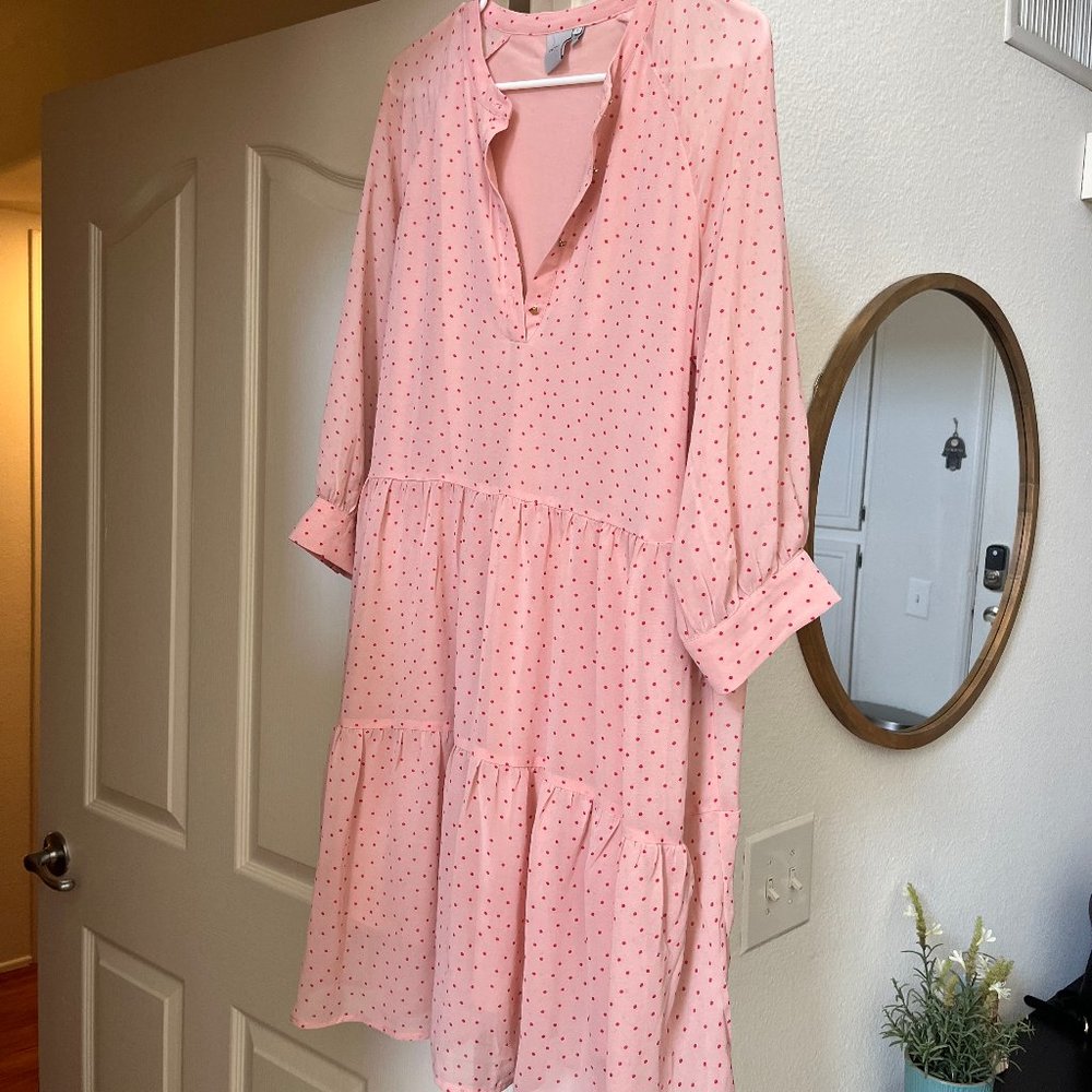 Pink Polka Dot Mid Length 3/4 Sleeve Tunic Dress
